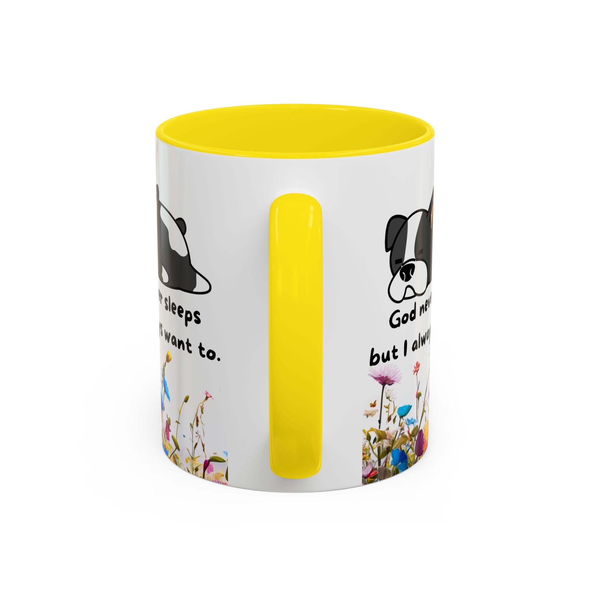 Christian  11oz and 15oz Accent Coffee Mug "God never sleeps" (with flowers)